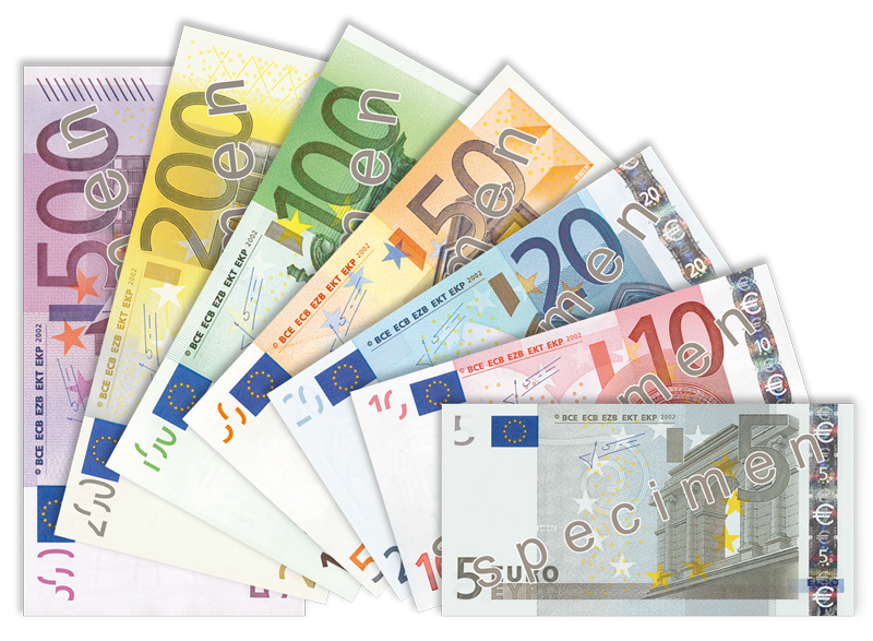 Éventail des billets de la première série par ordre de valeur : le plus gros, de 500 euros, en dessous de tous en haut à gauche ; le plus petit, de 5 euros, au-dessus en bas à droite.